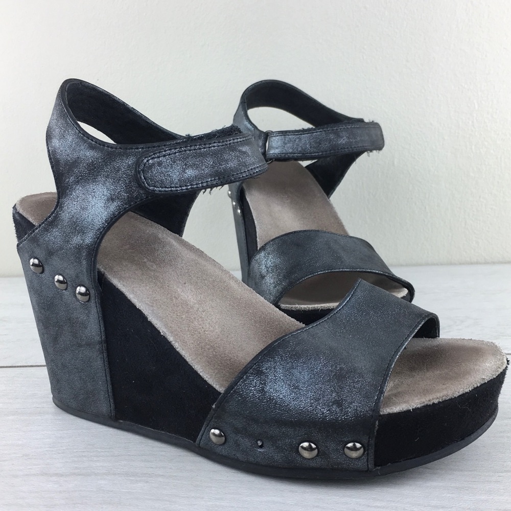 Antelope Metallic Black 772 Wedge Sandals Studded